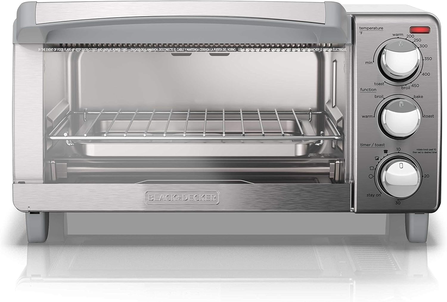 BLACK+DECKER TO1745SSG-1A four-slice toaster oven with silver-toned front, gray sides, glass door and three physical selectors