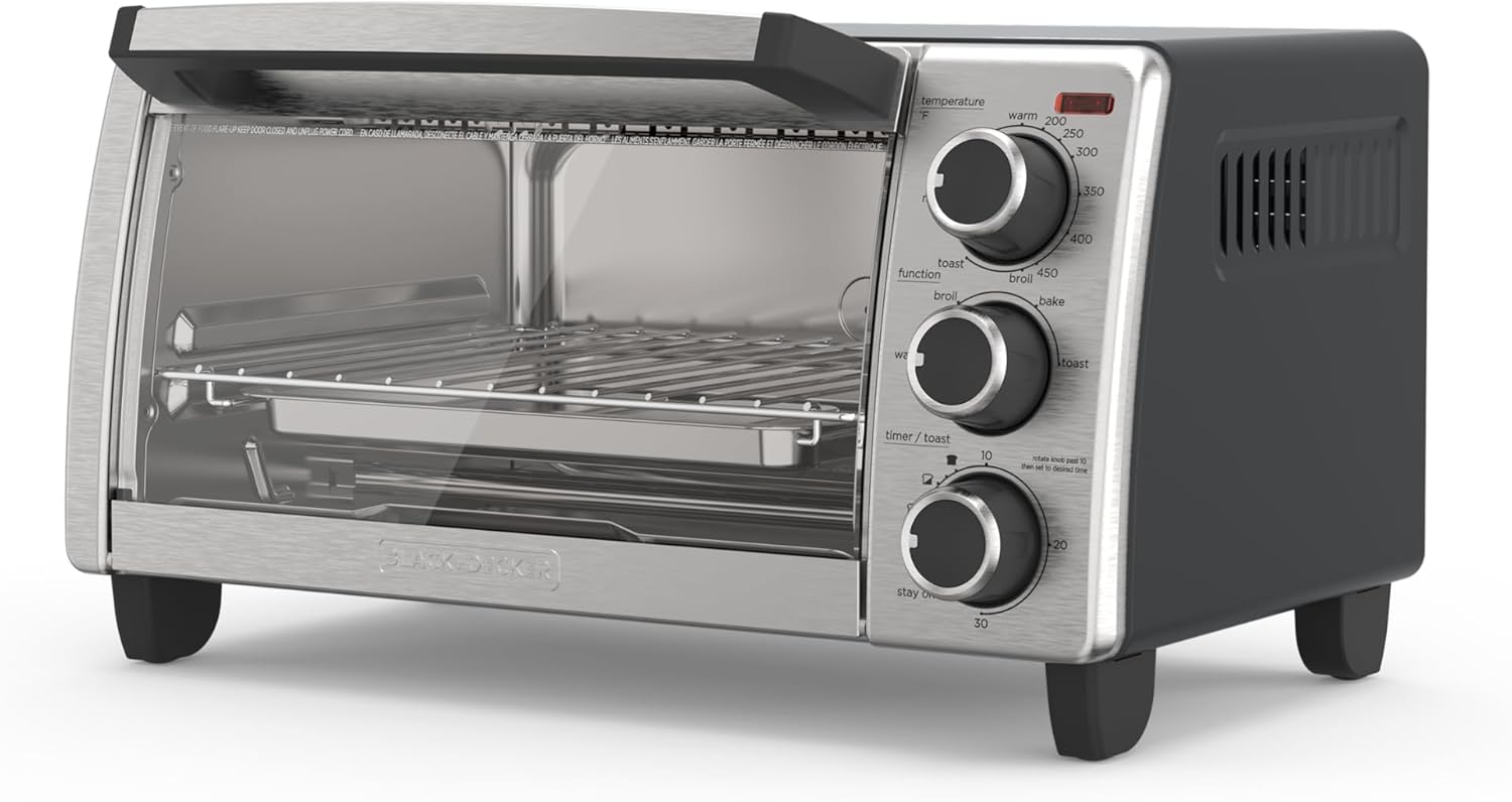 BLACK+DECKER TO1756SB four-slice toaster oven with silver-toned front, dark side panels, glass door and three physical controls