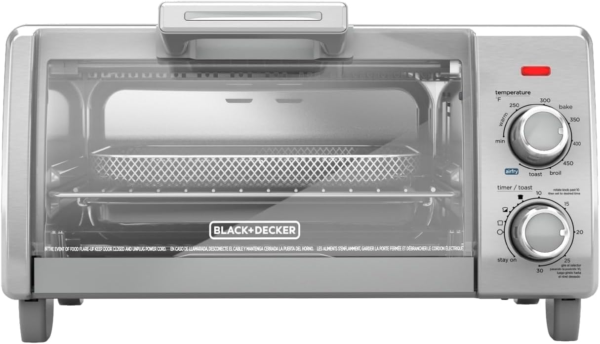BLACK+DECKER TO1787SS-ID four-slice toaster oven with silver-toned single-cavity body, glass door, two knobs and mesh tray