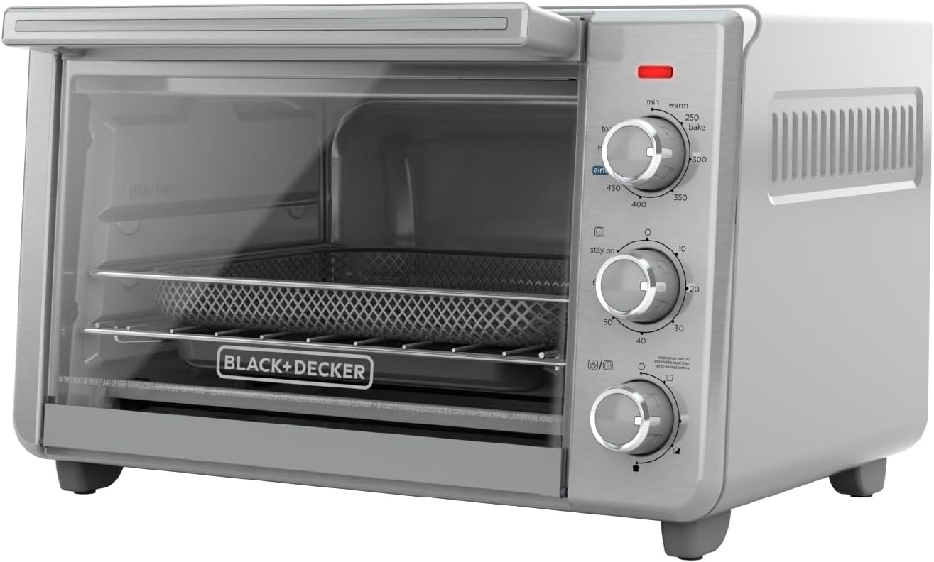 Silver and black BLACK+DECKER Crisp N Bake Air Fry 6-Slice Toaster Oven TO3217SS-RFP with door open and mesh basket visible