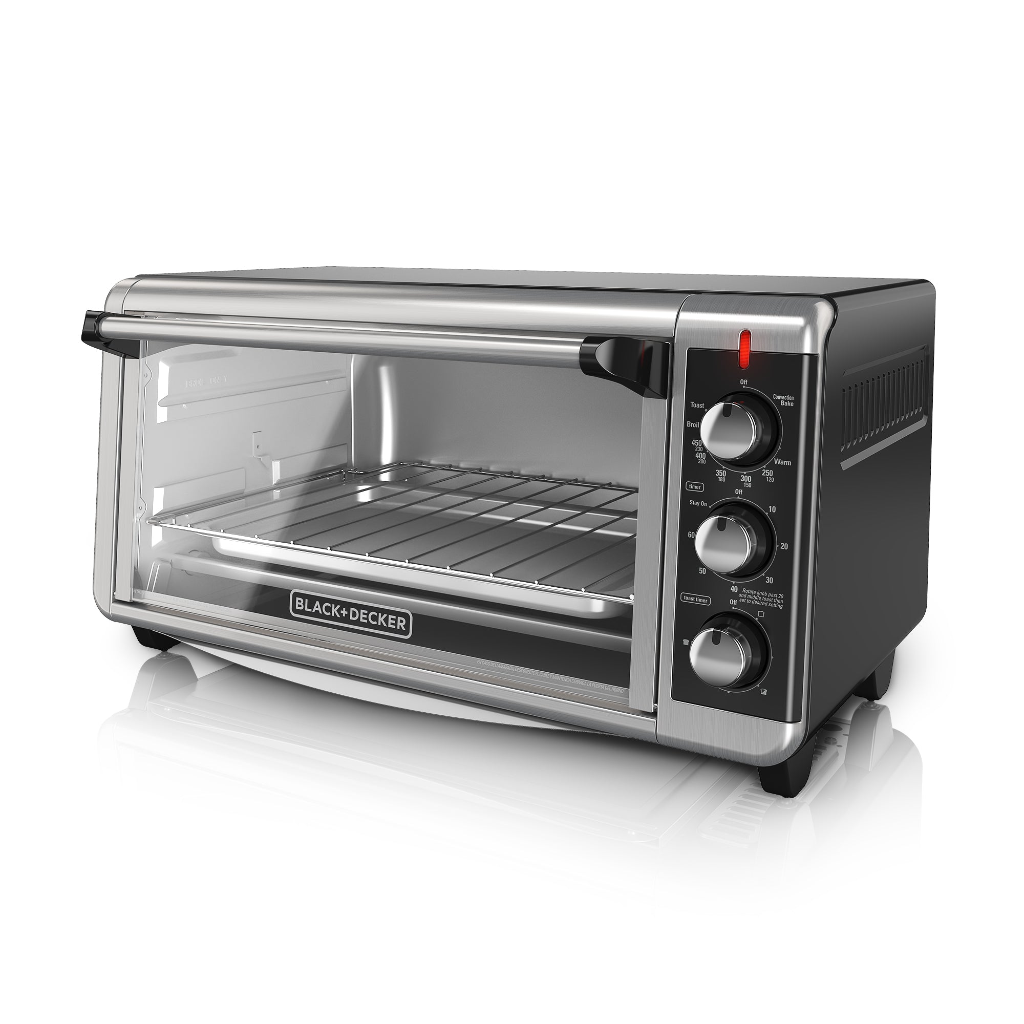 BLACK+DECKER TO3250XSB extra-wide toaster oven with silver-toned single-cavity body, glass door and three front control knobs