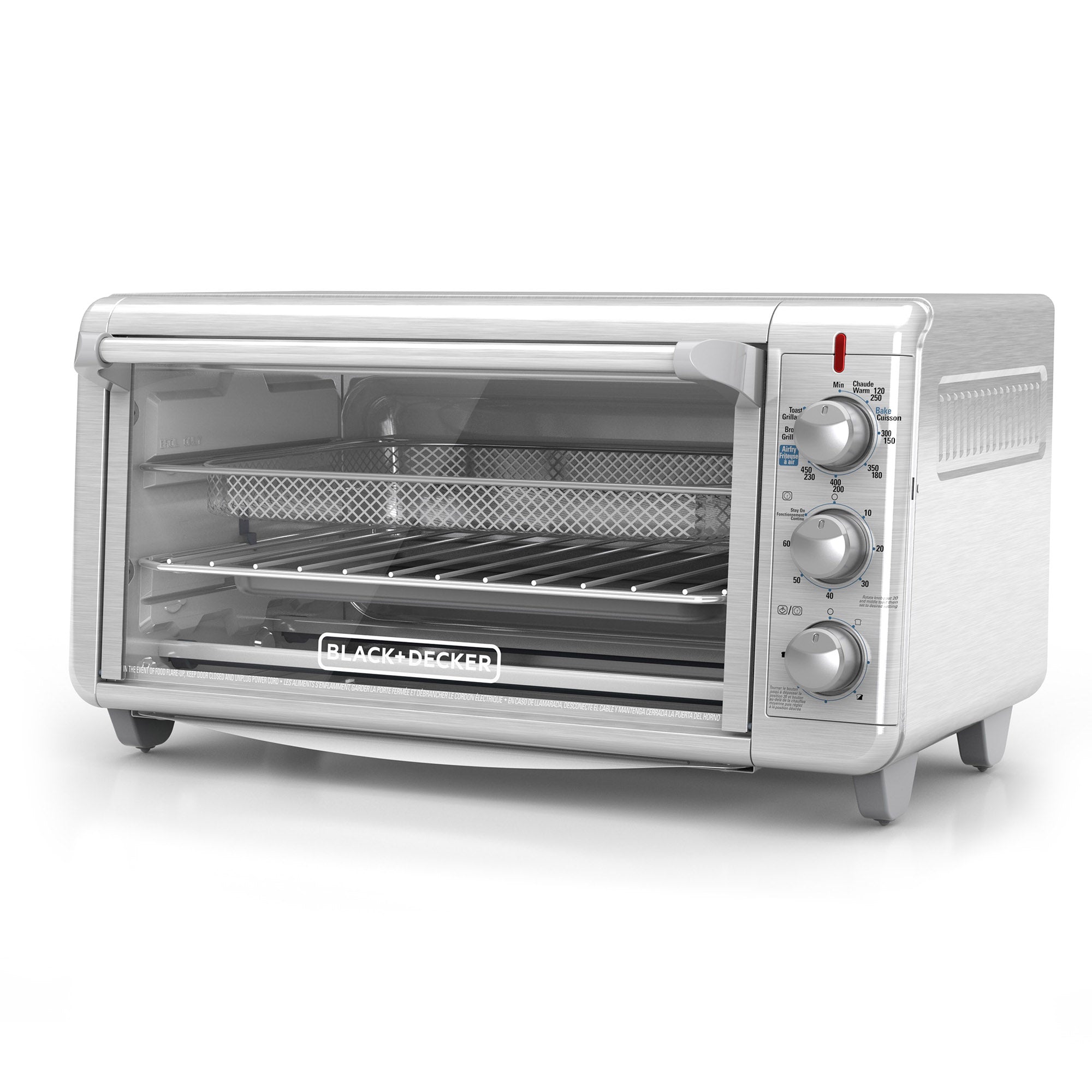 Wide silver-toned BLACK+DECKER TO3265XSSD toaster oven with glass door, three physical knobs, mesh Air Fry rack and oven rack visible