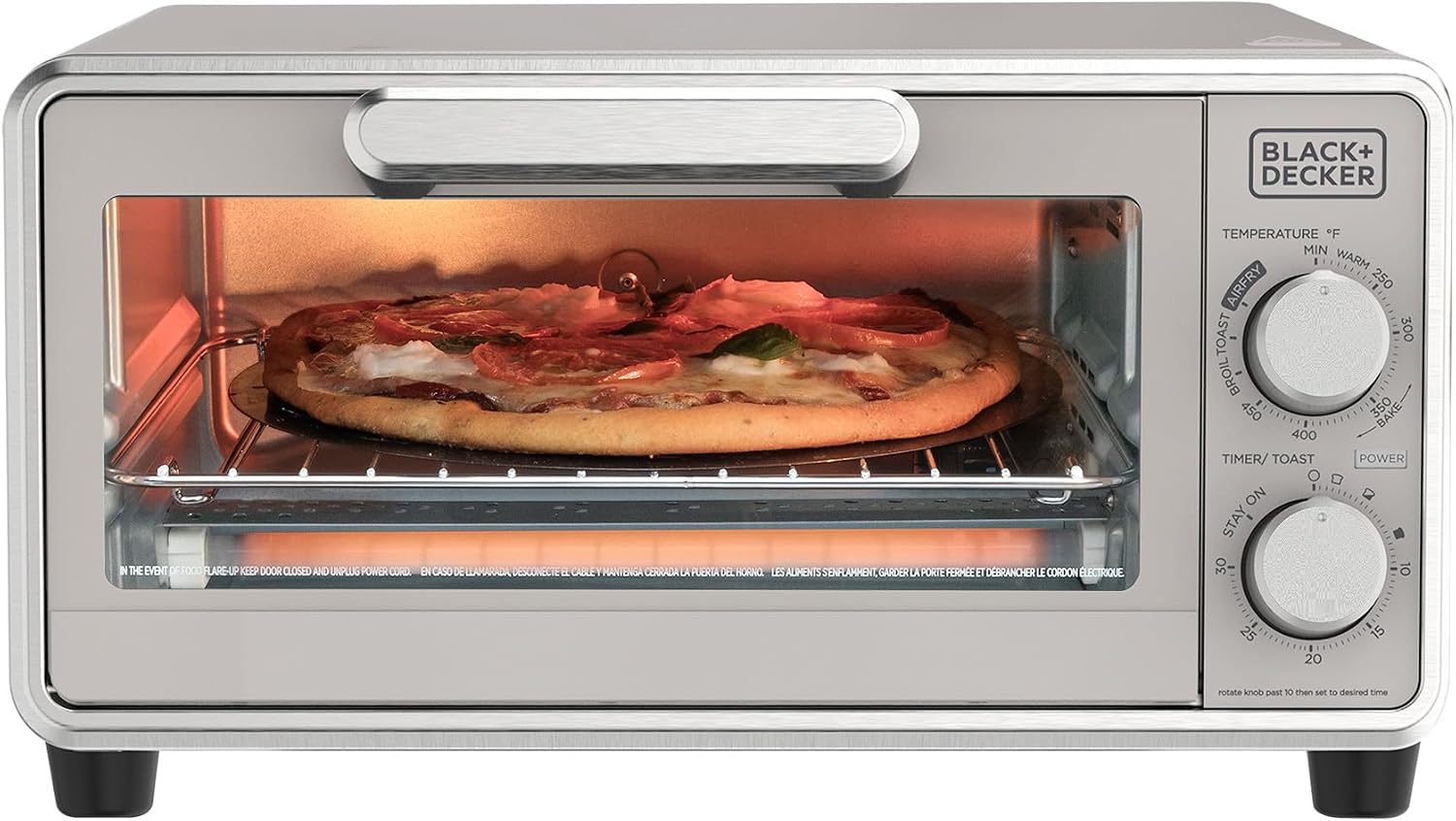 BLACK+DECKER TO4225-0YD-ID four-slice Air Fry toaster oven with silver-toned single cavity, glass door, two controls and staged pizza
