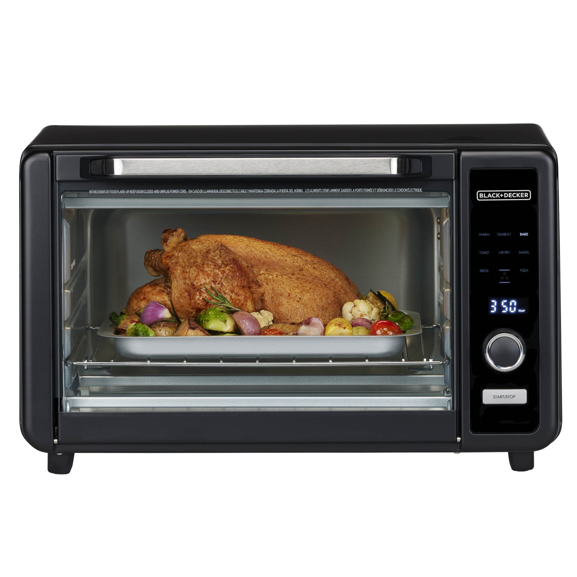 BLACK+DECKER Crisp N Bake digital air fry toaster oven TO60D5-2BD, black model shown front-on with staged roast and vegetables inside