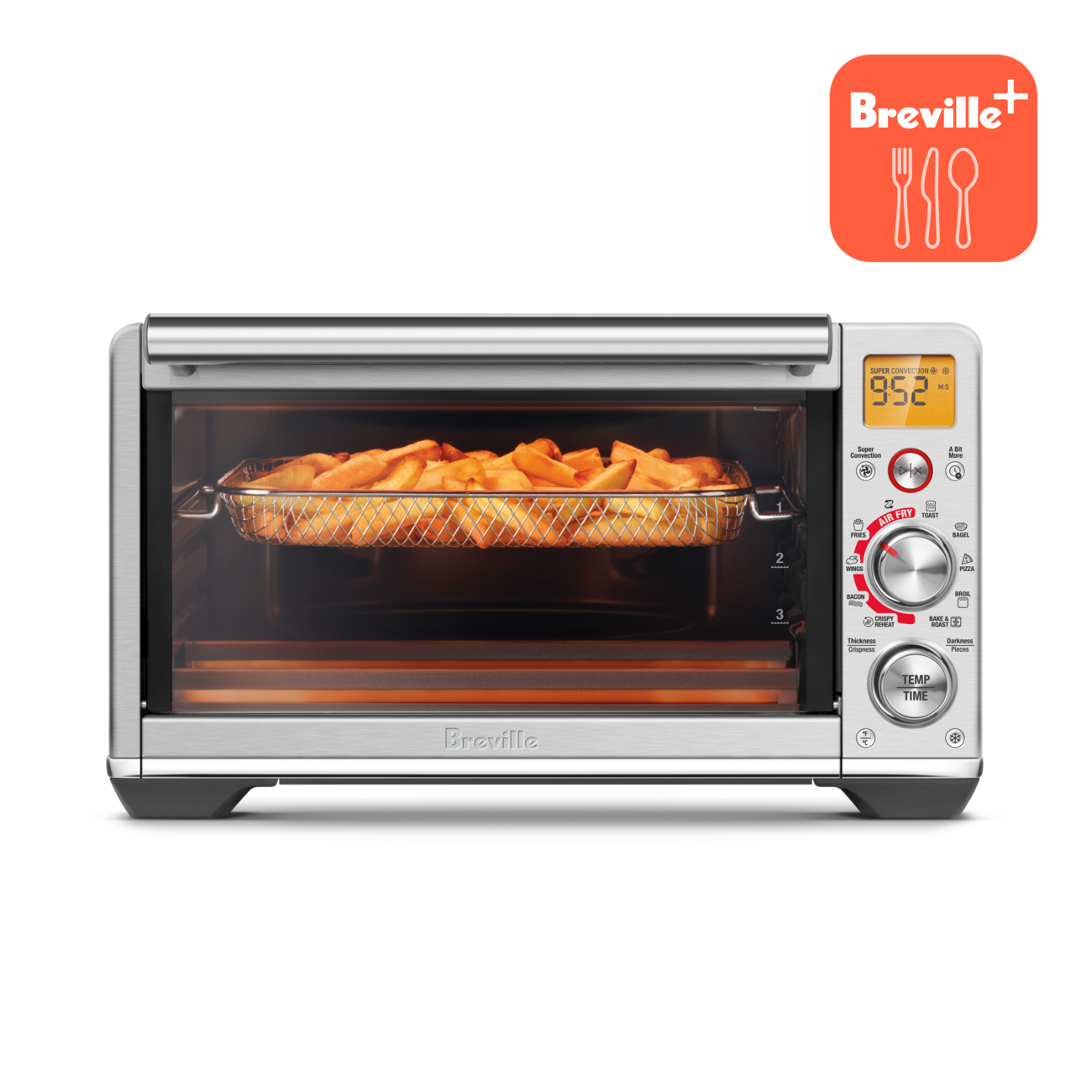 Breville Smart Oven Air Fryer Compact BOV680 in brushed stainless steel with its air-fry basket