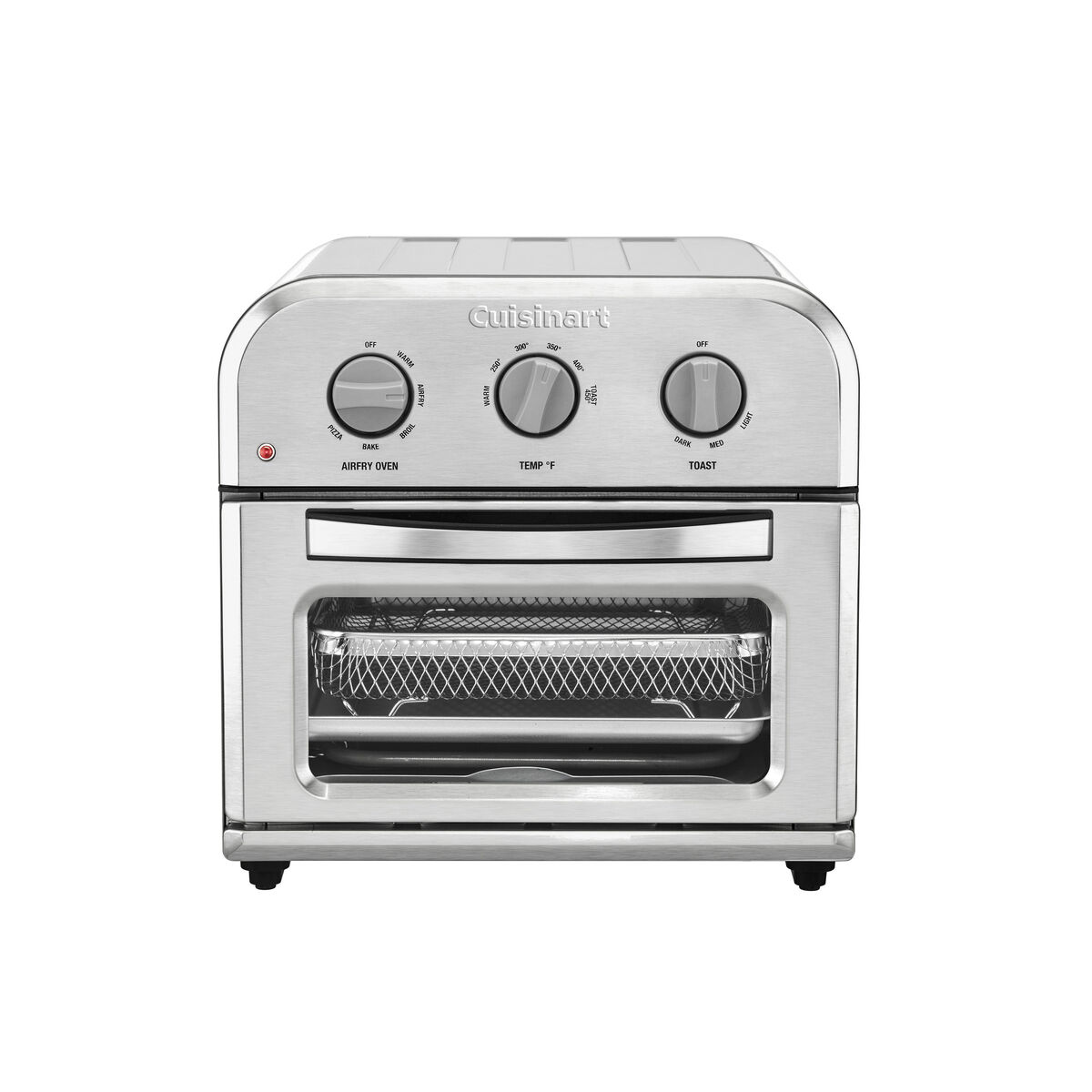Cuisinart TOA-26 compact Air Fryer Toaster Oven in stainless steel, front view with three dials and its basket and pan visible
