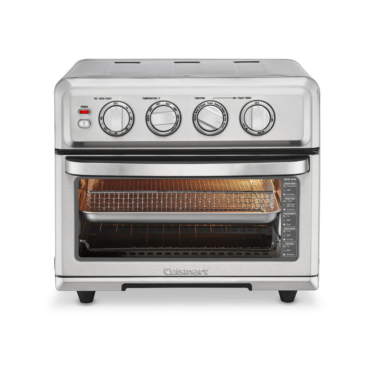 Cuisinart TOA-70NAS stainless Air Fryer Toaster Oven with four controls and its basket-and-pan assembly visible