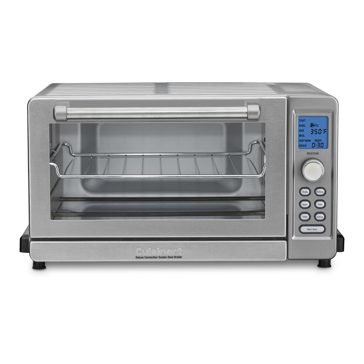Cuisinart TOB-135NNAS horizontal stainless-front convection toaster oven with blue digital display, selector dial and single cavity, exact model product-page gallery image