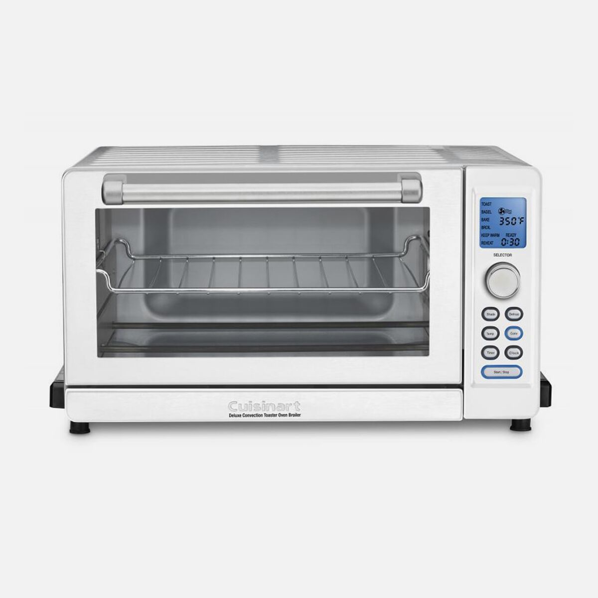 Exact Cuisinart TOB-135W manufacturer gallery image of a white/light digital convection toaster oven with stainless-colored front and one cooking cavity
