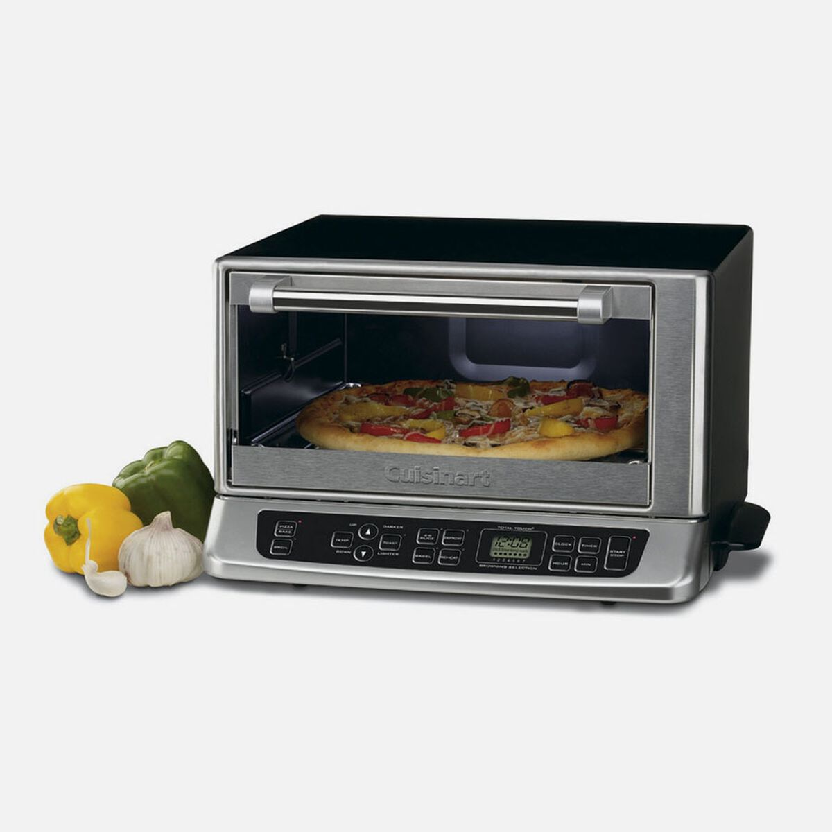 Exact Cuisinart TOB-155 countertop toaster oven product gallery image; dark body, contrasting front panel and staged pizza