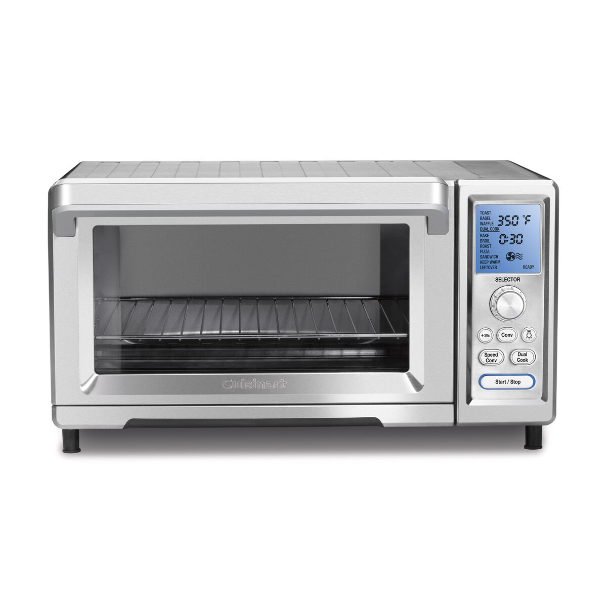 Cuisinart TOB-260N product-page gallery image showing a large silver single-cavity oven with a blue digital display, selector dial and rack