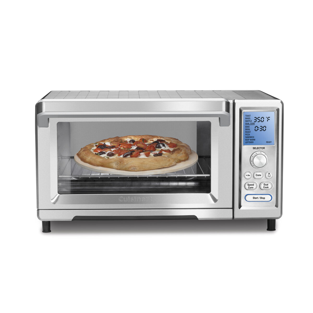 Cuisinart TOB-260N1NAS manufacturer gallery image of the stainless exterior, oven cavity, rack and illustrative pizza