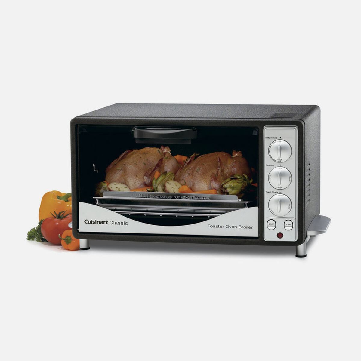 Exact Cuisinart TOB-30BW product-gallery image: one black Classic toaster-oven cavity, contrasting silver control panel with three dials, glass door and staged food