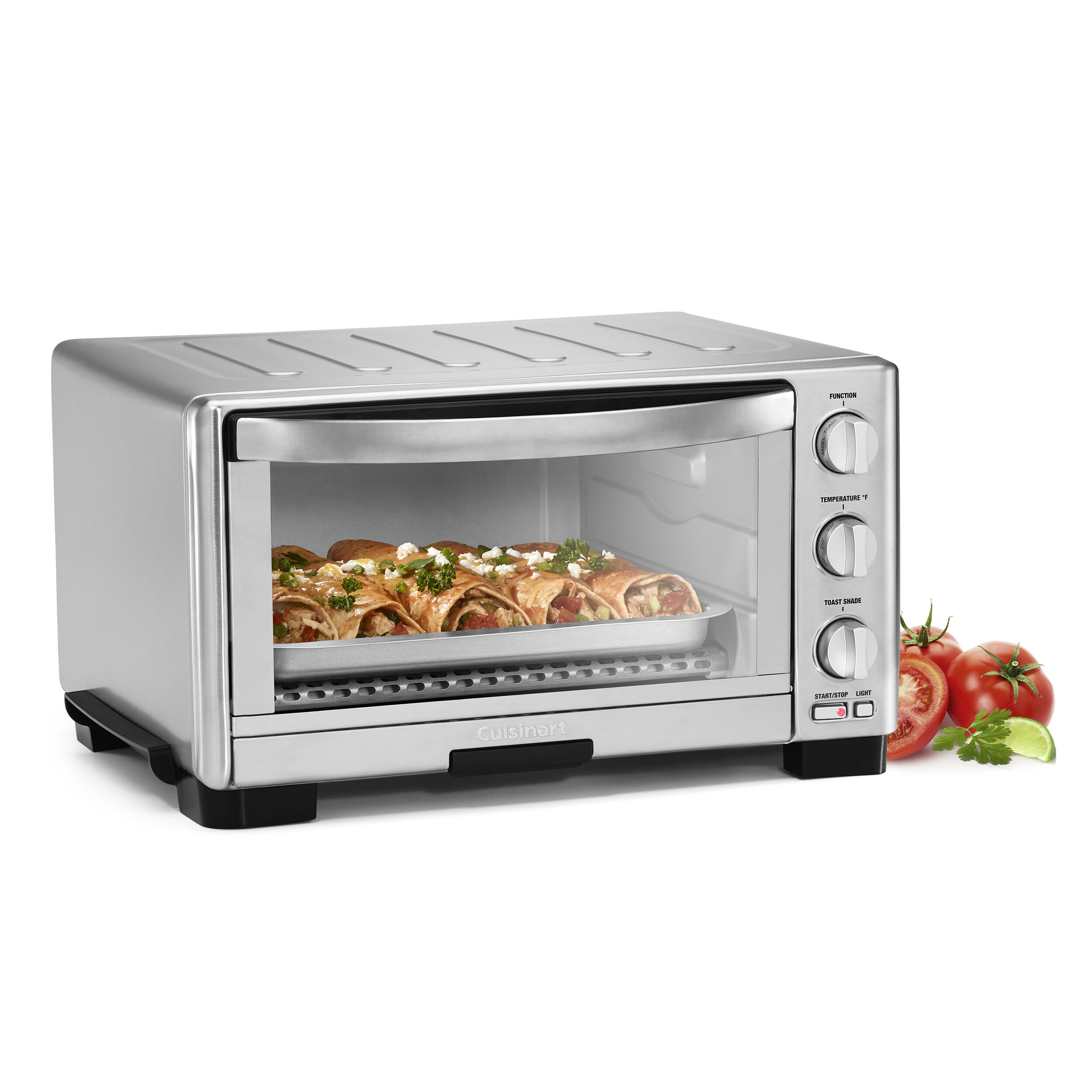 Cuisinart TOB-5 Toasterofen für die Arbeitsfläche in Edelstahloptik, mit drei Drehreglern an der Vorderseite und arrangierten Lebensmitteln