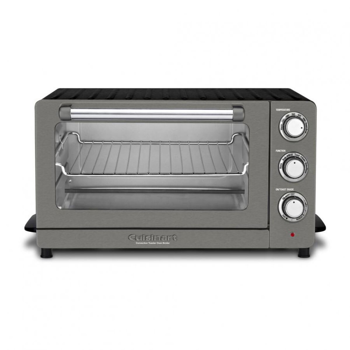 Exact TOB-60N1BKS2 page-gallery image: black and stainless one-cavity toaster oven with three front dials and wire rack