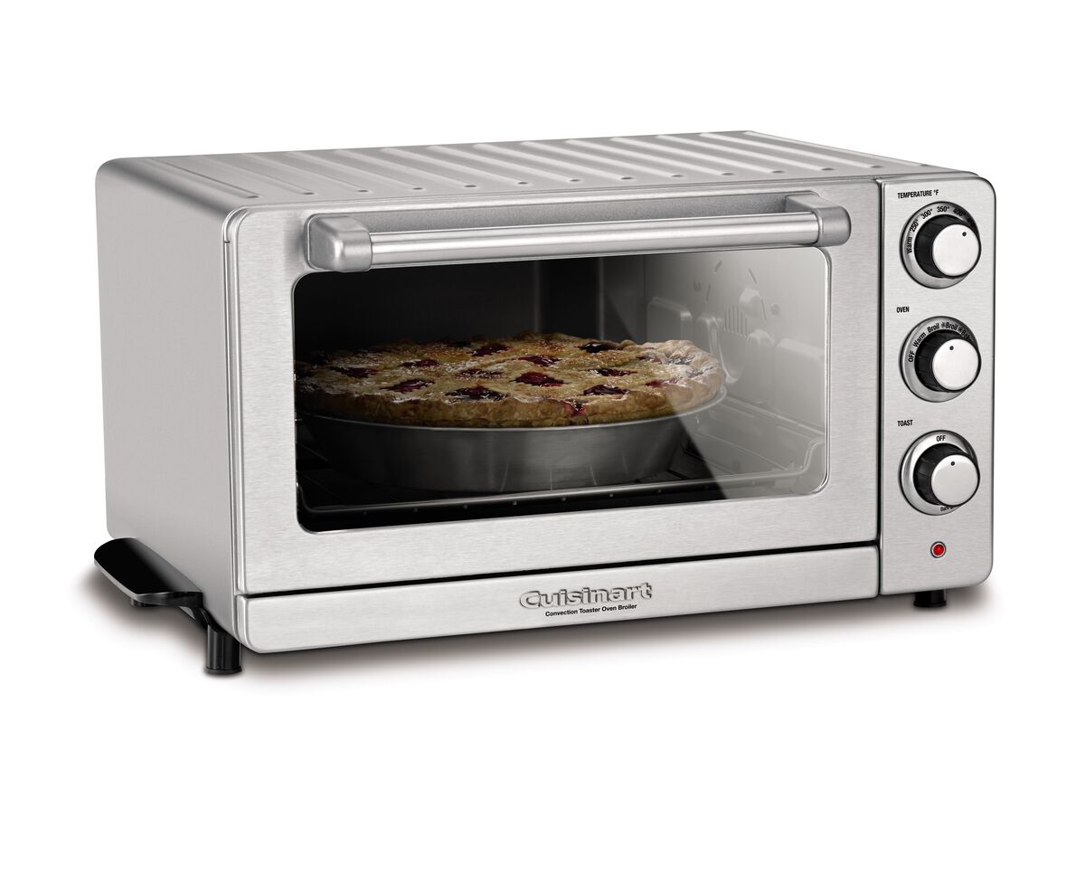 Exact Cuisinart TOB-60N2NAS page image showing one stainless convection toaster-oven cavity, open glass door and three rotary controls