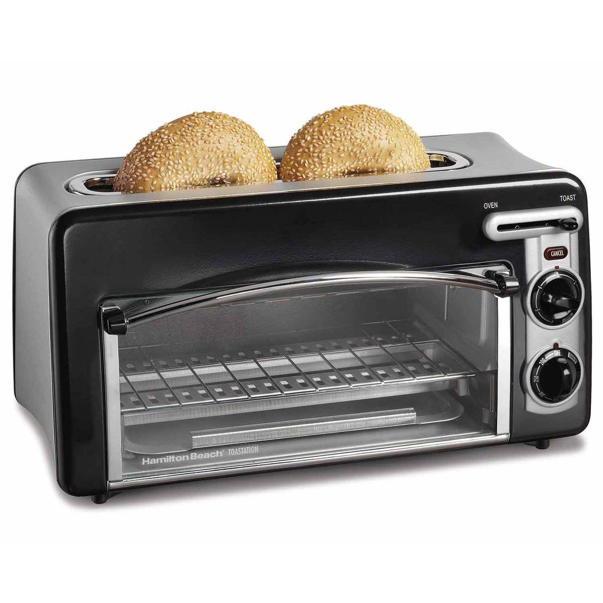 Hamilton Beach Toastation 22708 in black and silver, with a two-slice slot above one oven cavity