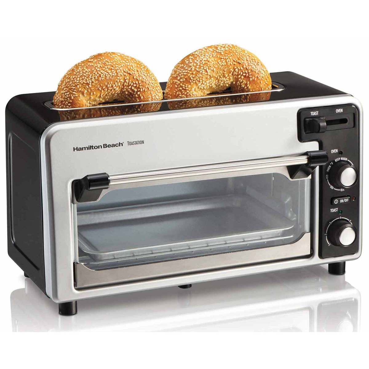 Hamilton Beach Toastation model 22720 in black and silver with an upper bread slot and one oven cavity
