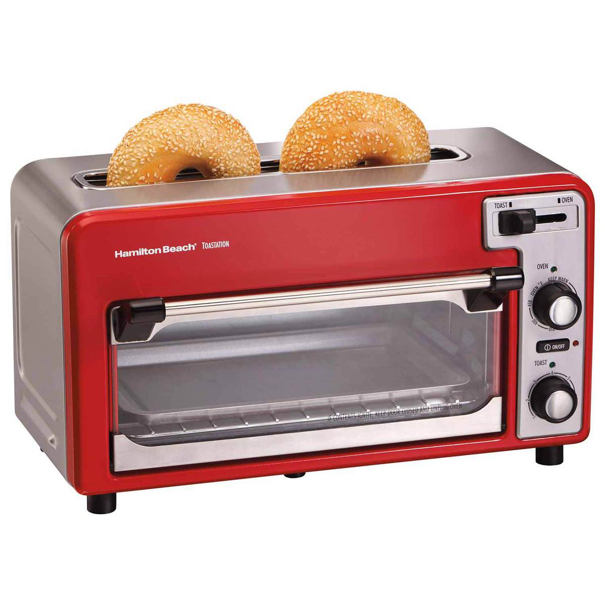 Hamilton Beach Ensemble Toastation model 22722 in a red finish, with the same top bread-slot and oven-cavity layout