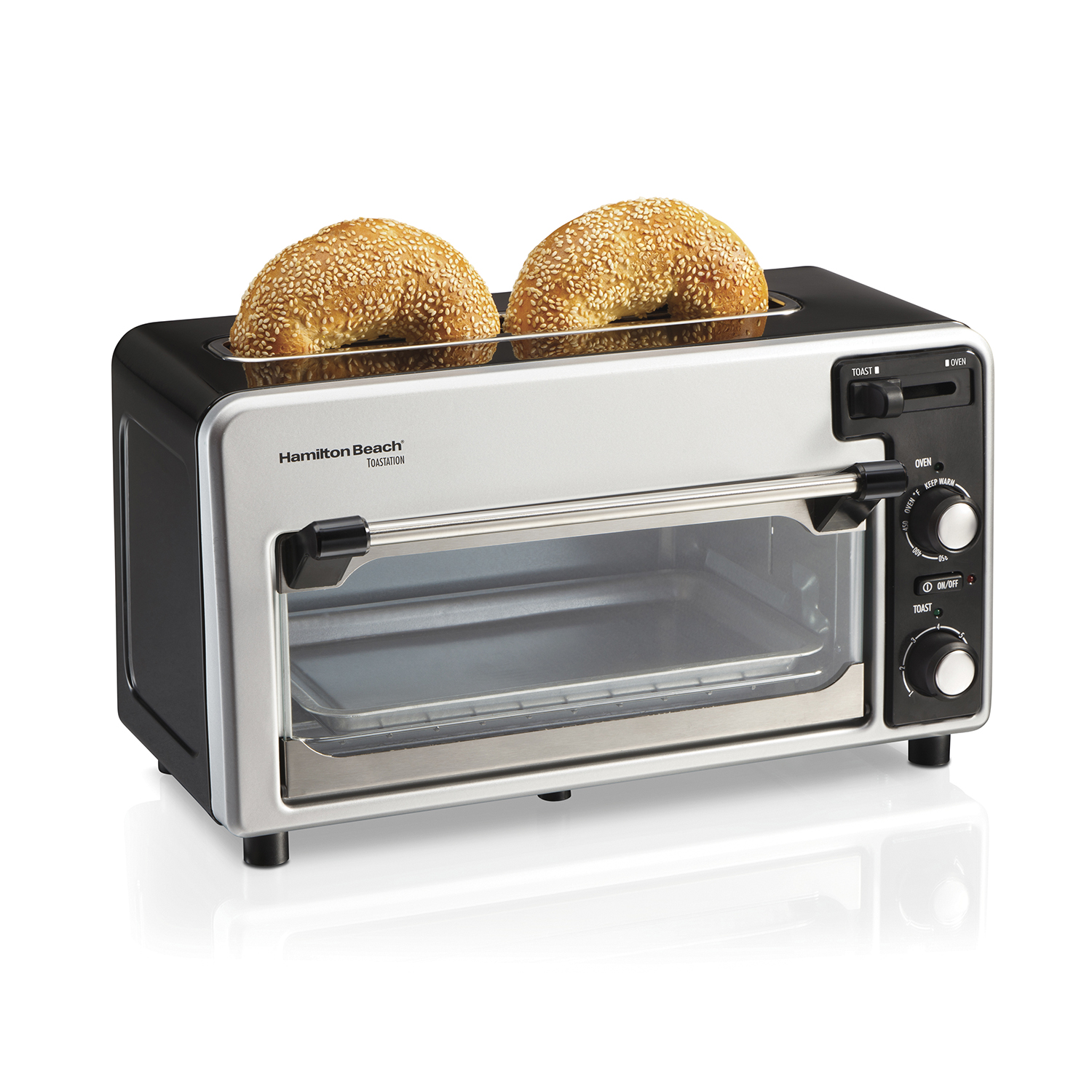 Hamilton Beach Toastation model 22723 in black and silver, with its two-slice bread slot above the oven cavity