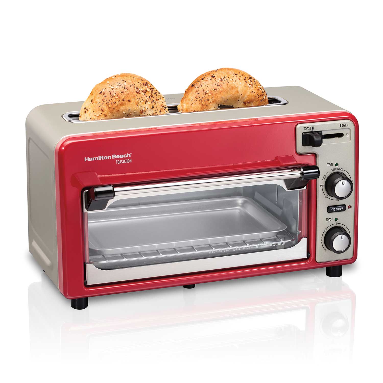 Hamilton Beach Toastation model 22724 in red finish; two-slice bread slot above one oven cavity