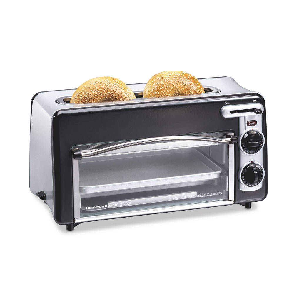 Hamilton Beach 22725 Toastation, showing its top two-slice bread slot and front oven cavity with selector and controls.