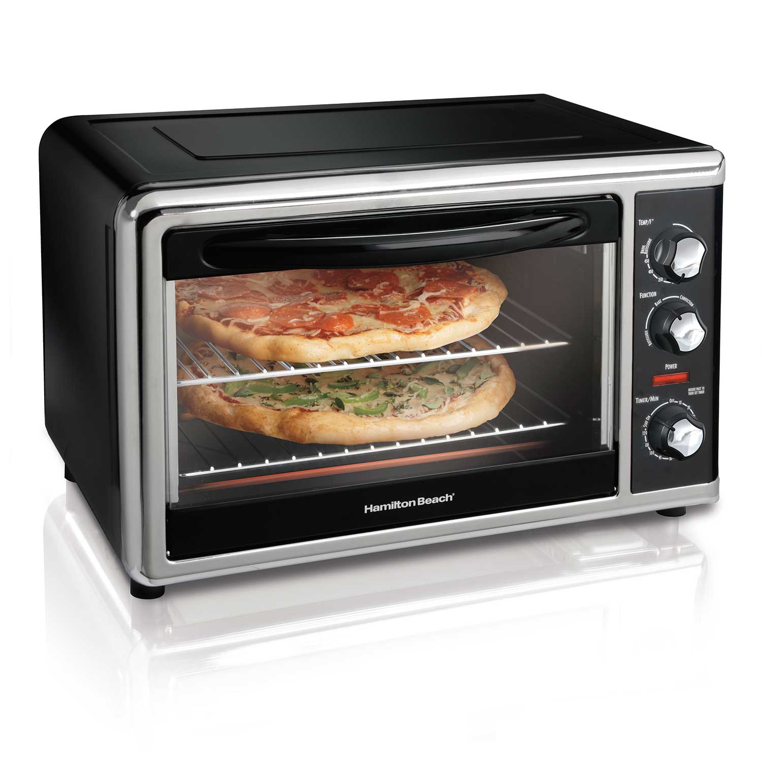 Hamilton Beach aanrechtoven met convectie en draaispit, model 31100D, met twee pizzaroosters en drie handbediende knoppen