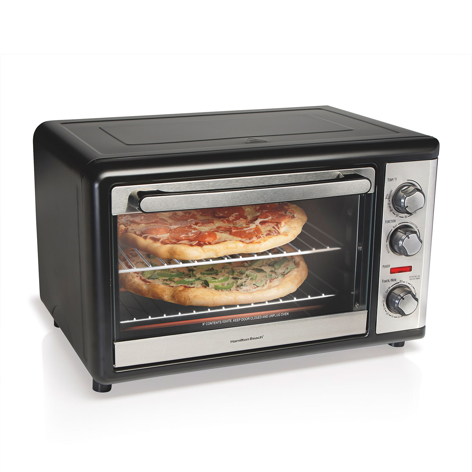 Black Hamilton Beach Revolving Rotisserie Countertop Oven with Convection, exact model 31108, with two pizzas staged on separate racks; maker image provenance is undisclosed.