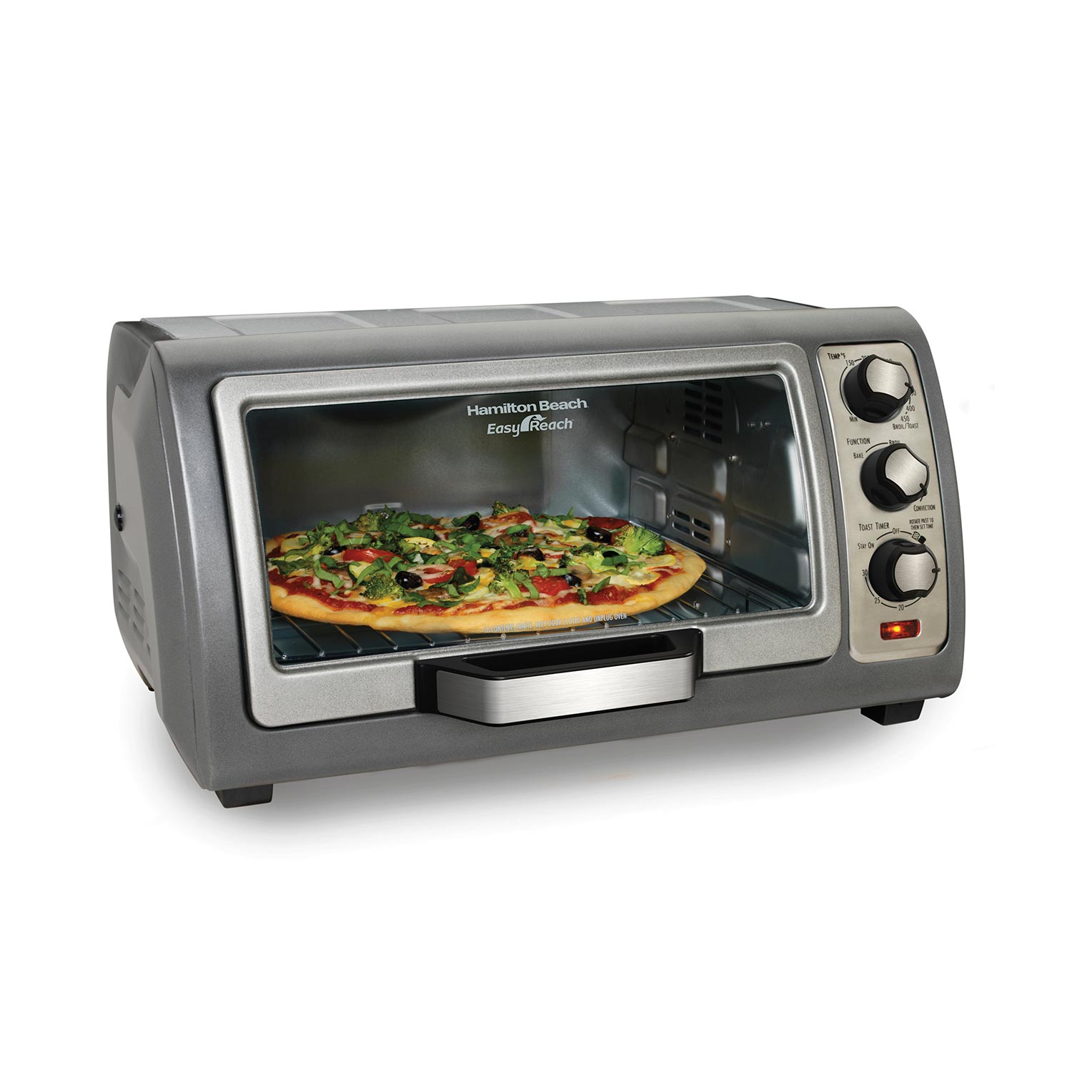 Hamilton Beach 31123D Easy Reach toaster oven in a manufacturer page image with a pizza staged in the cavity.