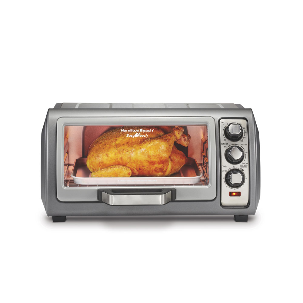 Hamilton Beach 31123DA countertop oven seen from the front with closed door and three manual controls; exact page identifies the model.