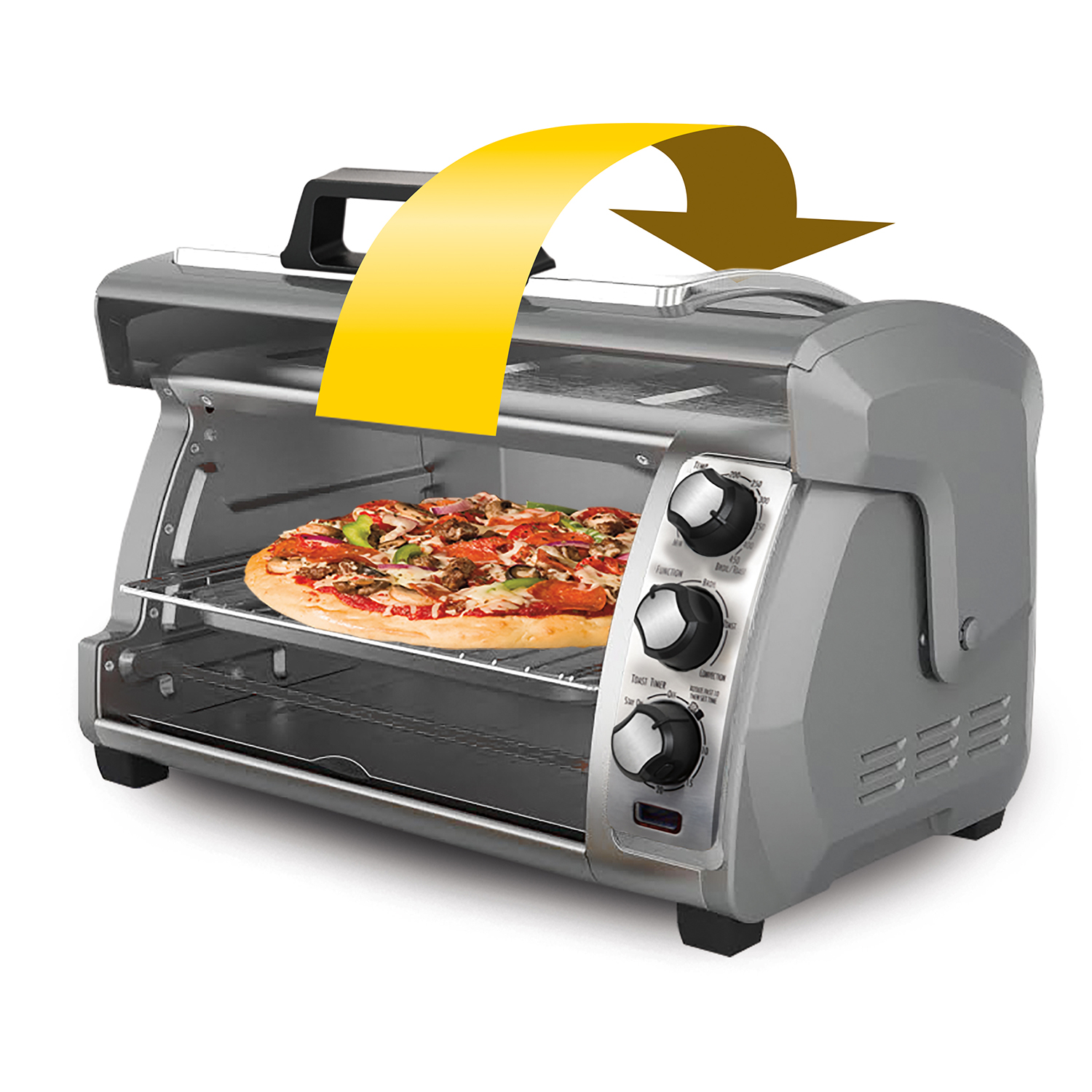 Hamilton Beach Easy Reach 31126D toaster oven with its roll-top door raised above the cavity