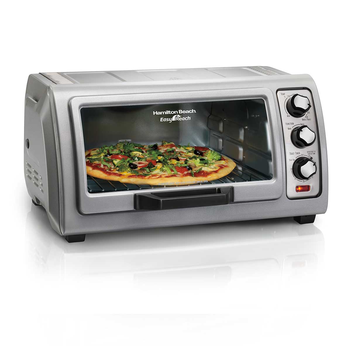 Silver Hamilton Beach Easy Reach toaster oven, model 31127D, shown with a pizza staged inside; manufacturer control-panel view