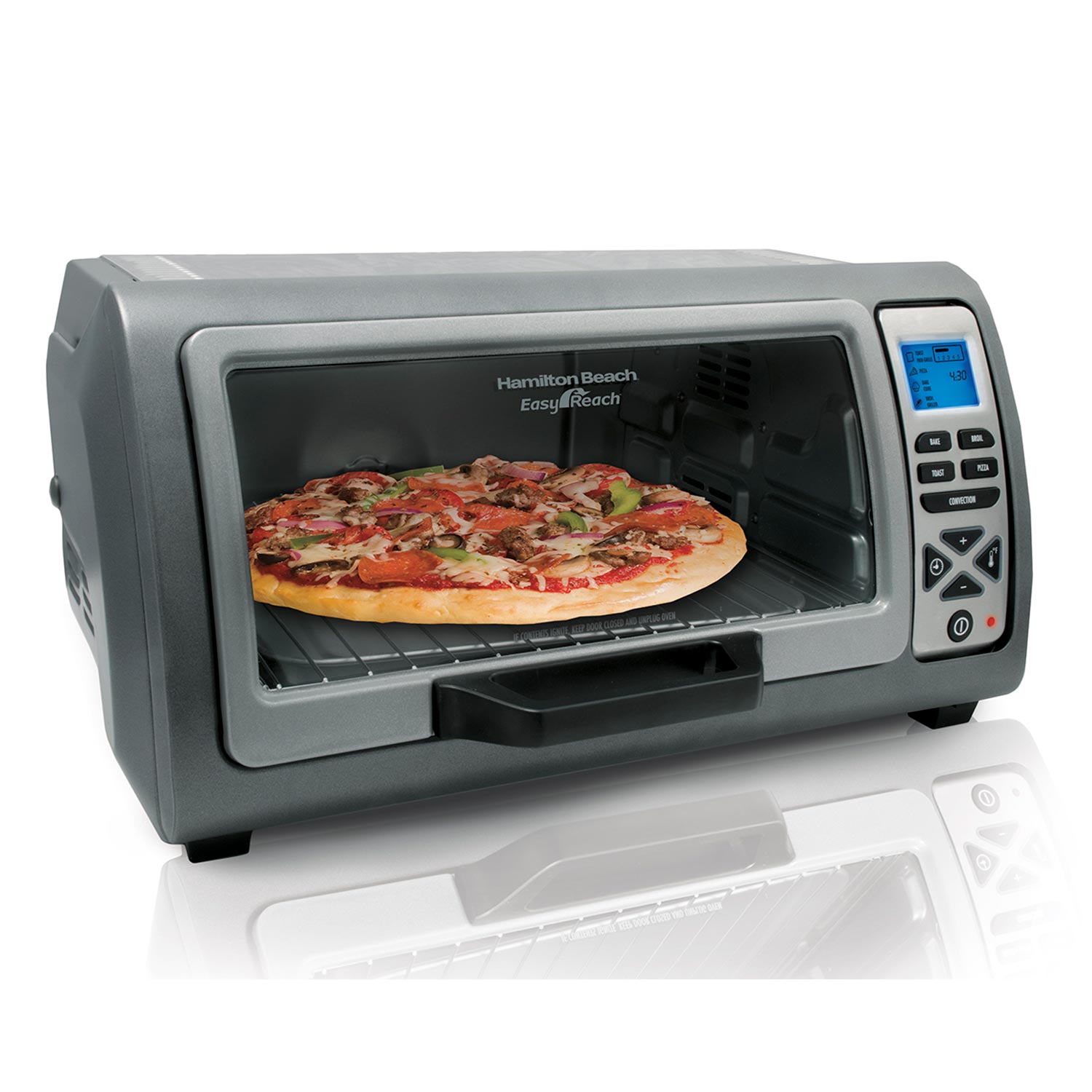 Hamilton Beach model 31128 silver Easy Reach digital toaster oven with roll-top door, staged pizza and front control panel.