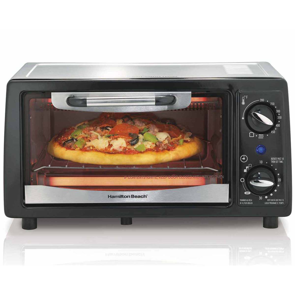 Hamilton Beach 31134 compact dark toaster oven with one door and two manual front controls