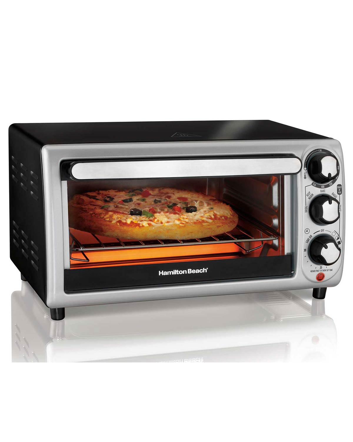 Hamilton Beach Toaster Oven 31142 in silver and black, with a single front oven cavity and three right-side control dials