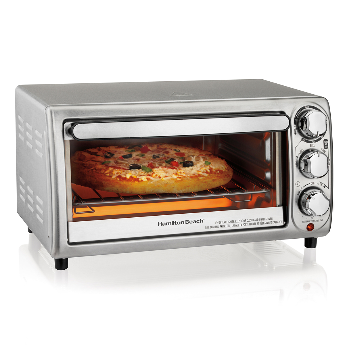 Hamilton Beach stainless toaster oven associated by the manufacturer with exact U.S. model 31143J; one flatbed cavity, curved glass door and three manual controls.