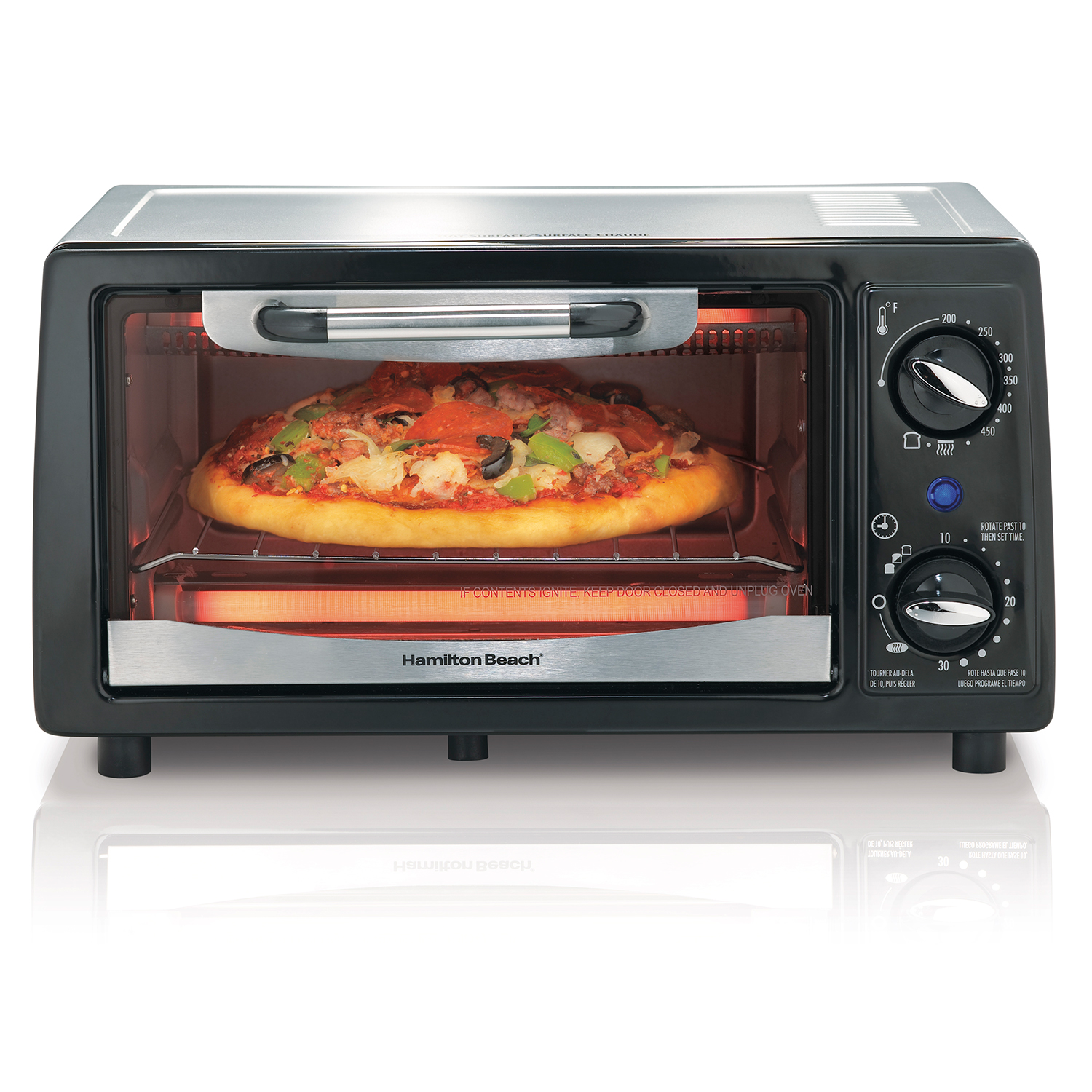 Hamilton Beach exact-model 31144 toaster oven in dark finish with a single cavity and two front controls