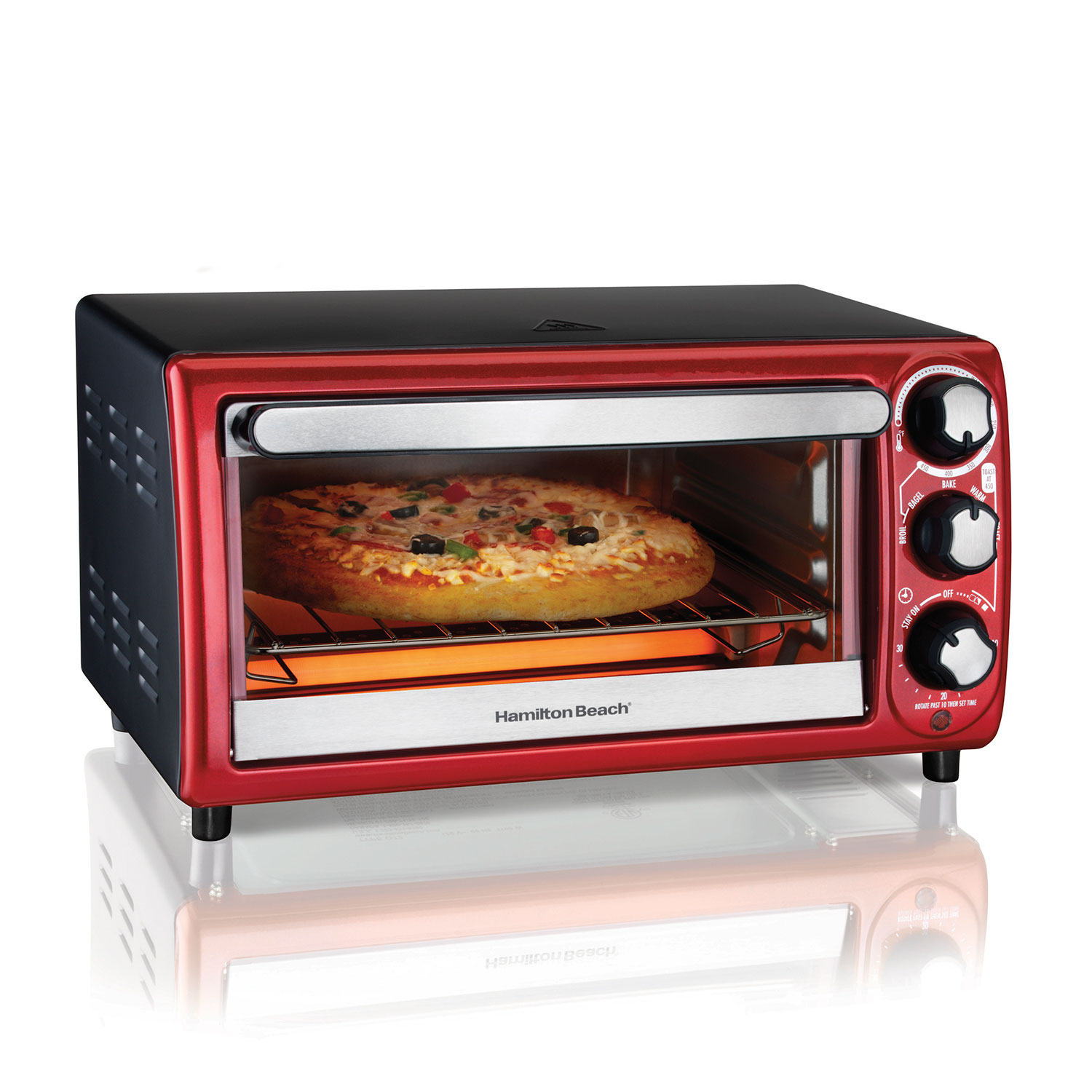 Hamilton Beach 31146J red-front 4 Slice Toaster Oven with three manual dials, rack and an illustrative pizza in its single cavity