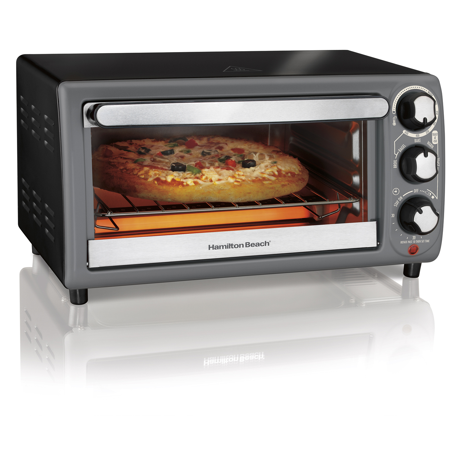 Hamilton Beach 31148J dark-front four-slice toaster oven with three manual dials and one cavity