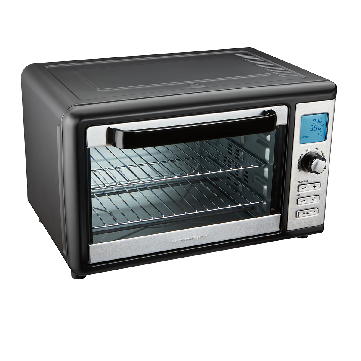 Hamilton Beach 31154 digitale aanrechtoven met één glazen neerklapbare deur, LCD-/functieknop en twee zichtbare ovenroosters.