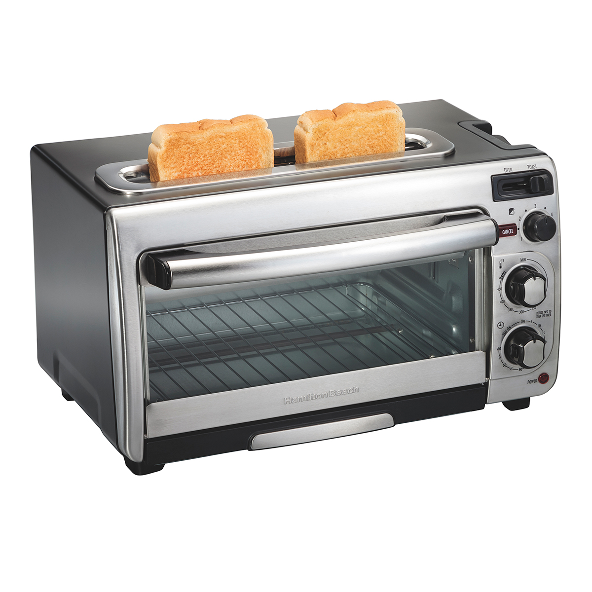 Hamilton Beach 31156 two-in-one toaster oven showing the top bread slots and one front oven cavity with manual controls.