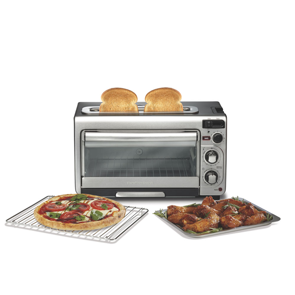 Hamilton Beach 2-in-1 oven and toaster with a top bread slot and one oven cavity