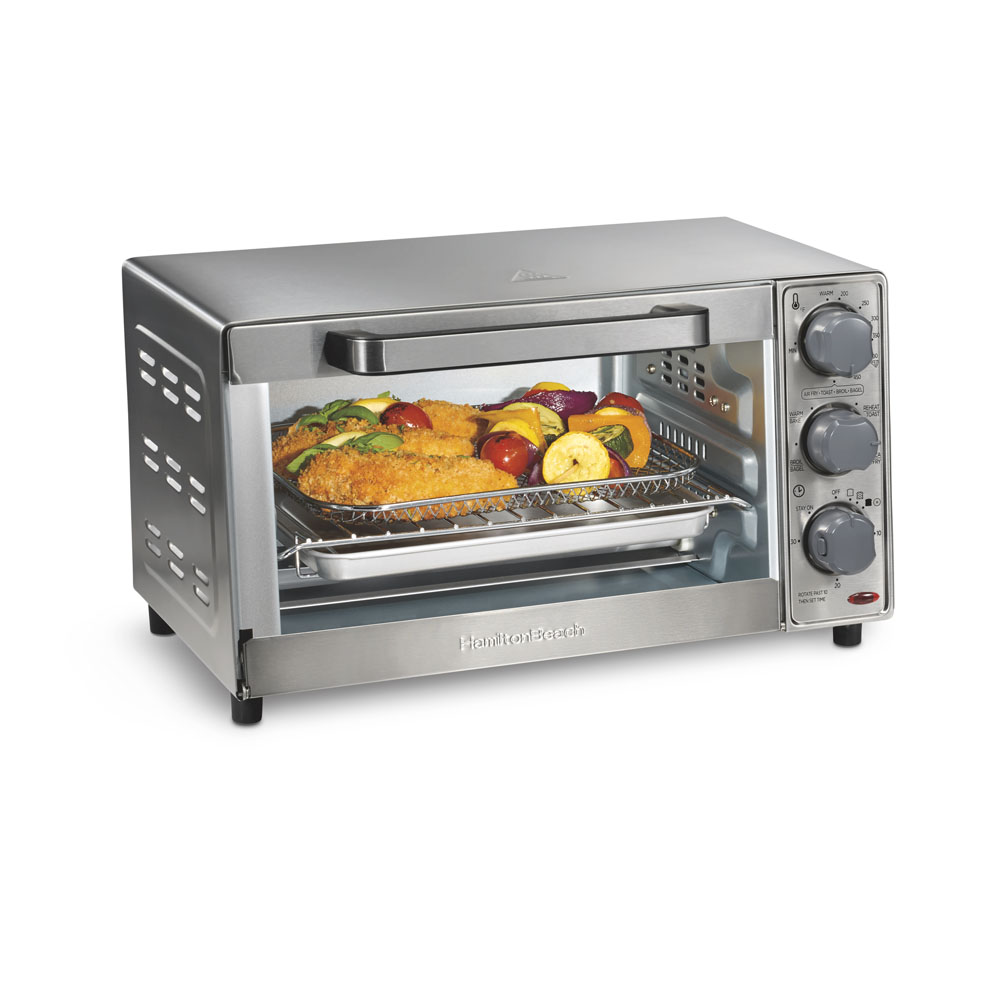 Hamilton Beach 31157J stainless 4 Slice Sure-Crisp Air Fry Oven with three rotary controls, drop-down glass door and mesh basket