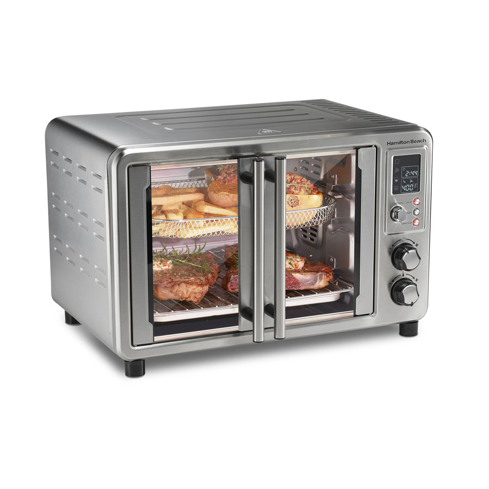 Hamilton Beach Sure-Crisp 6-in-1 XL Digital Air Fryer Oven, model 31191, met gekoppelde dubbele deuren en digitale bediening
