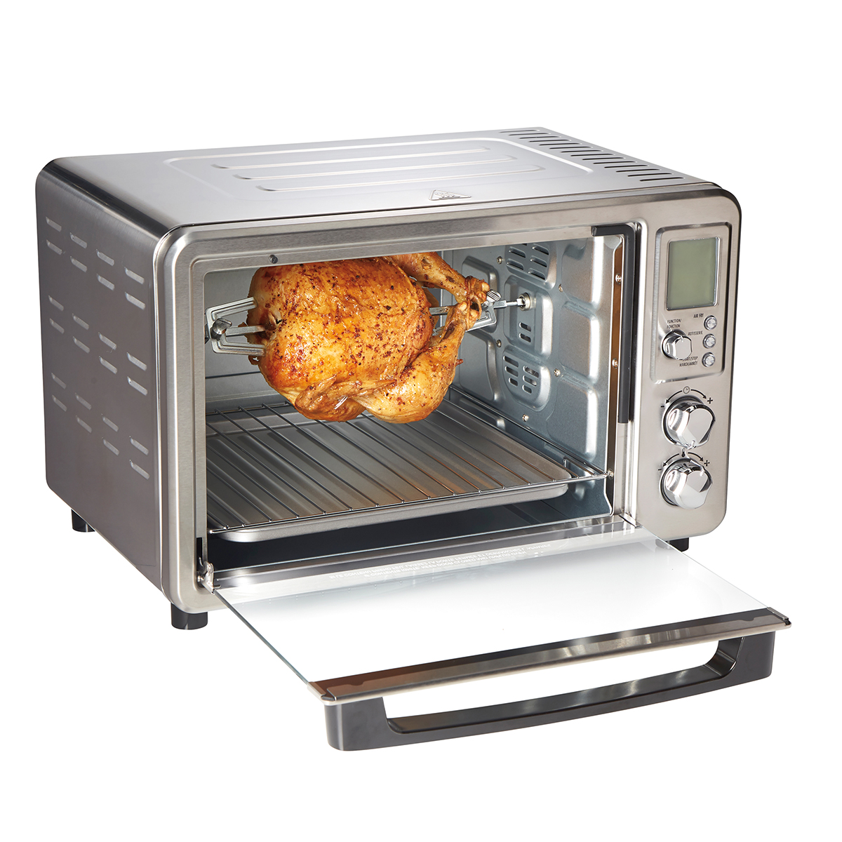 Hamilton Beach Sure-Crisp Digital Air Fryer Toaster Oven with Rotisserie 31193G, with the door open and a chicken mounted on the rotating spit