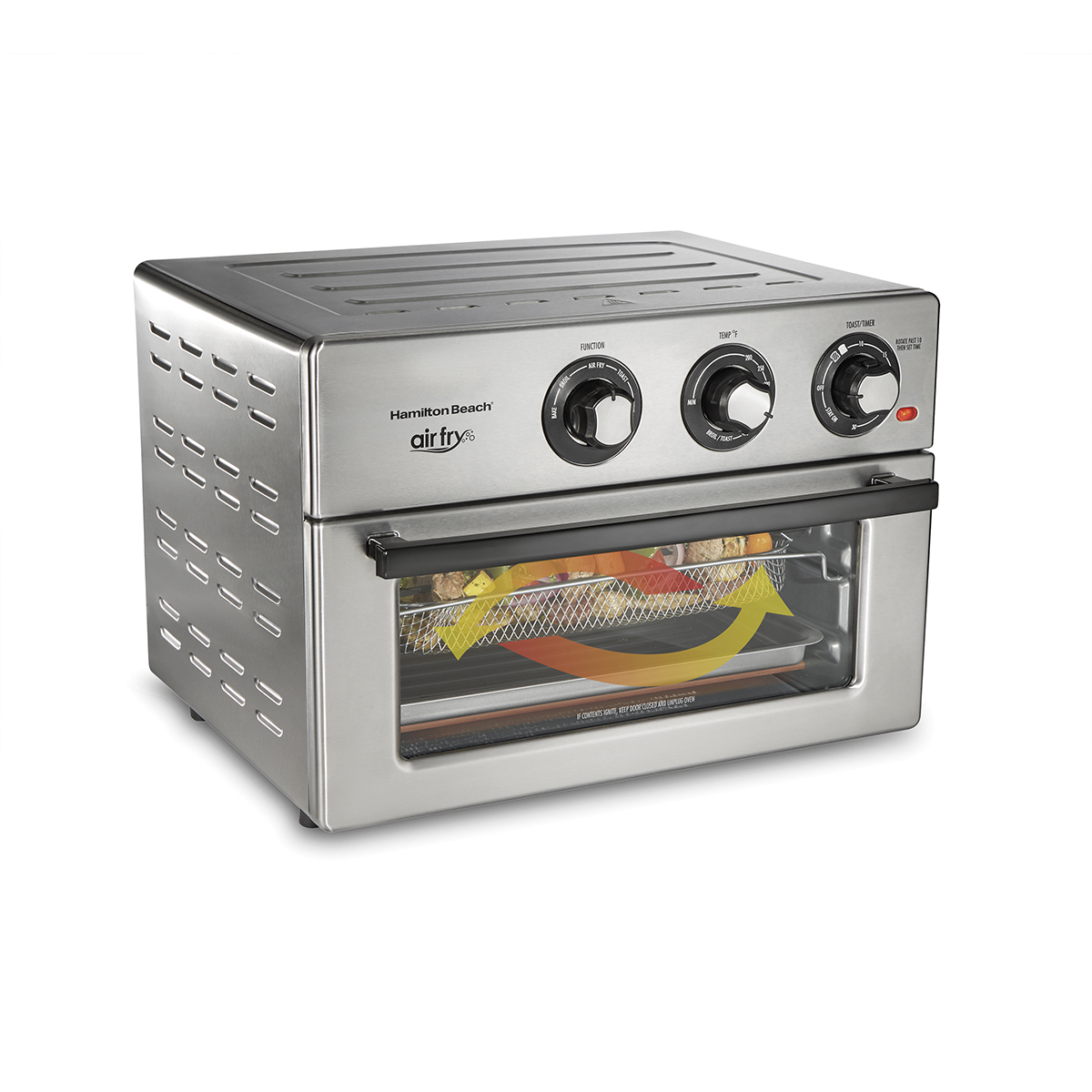 Hamilton Beach 31225 single-cavity Air Fry Countertop Oven, silver front with three rotary controls and an air-fry basket