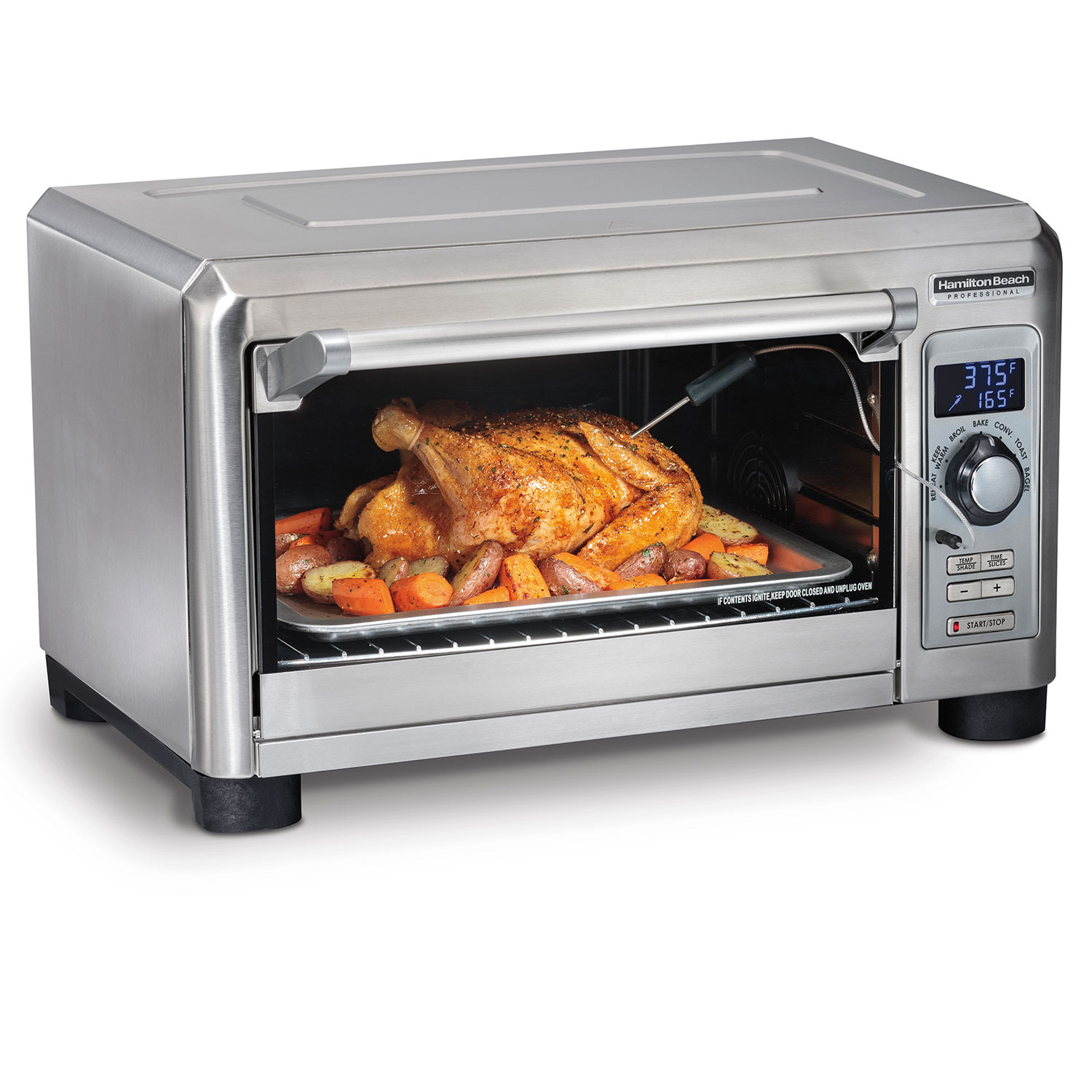 Hamilton Beach Professional Digital Countertop Oven, exact model 31240, stainless-look front with digital controls and a probe wire in a staged roast scene; photo/render provenance undisclosed.