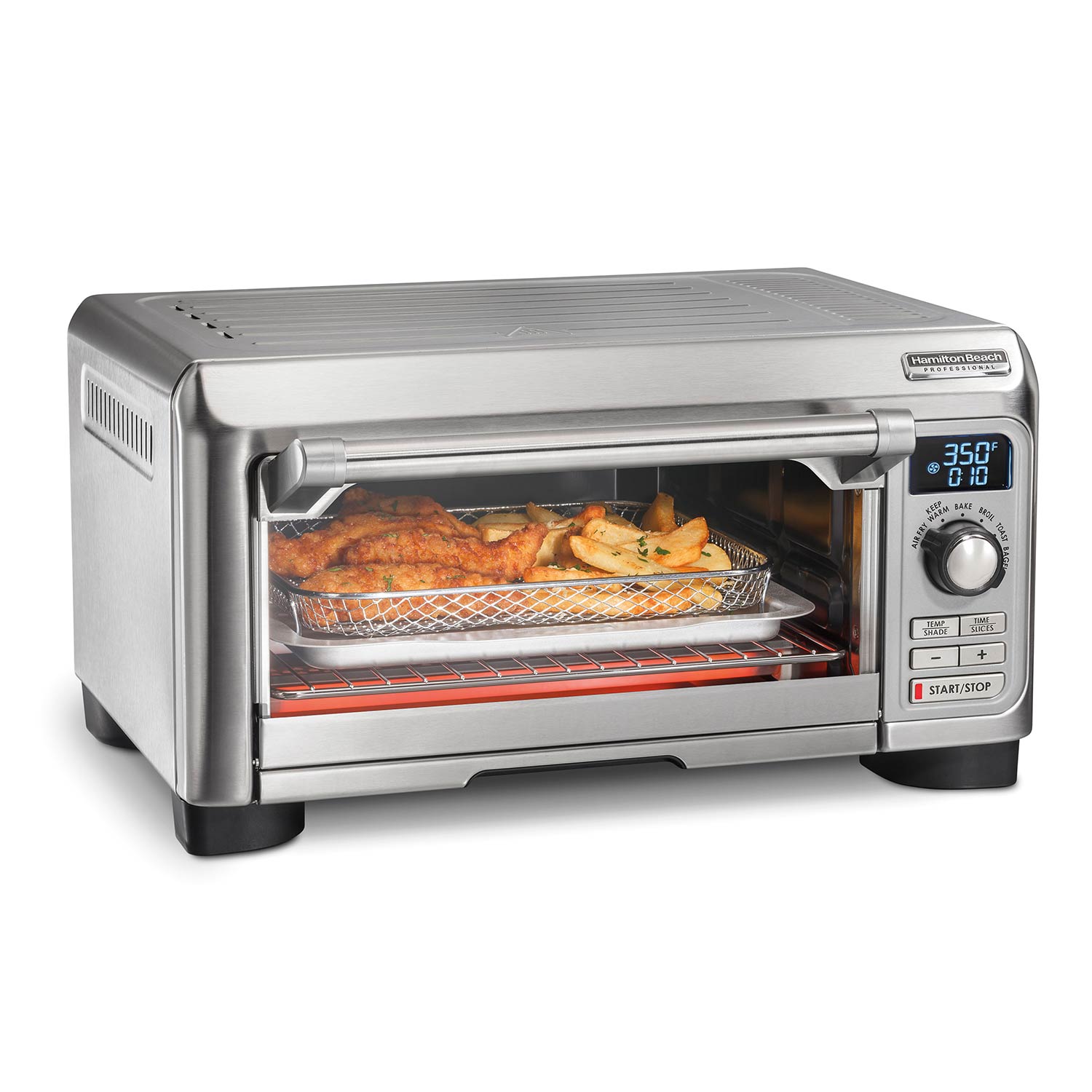 Hamilton Beach Professional Sure-Crisp Air Fry Digital Toaster Oven model 31241, stainless-front single-cavity oven with digital display, selector and air-fry basket