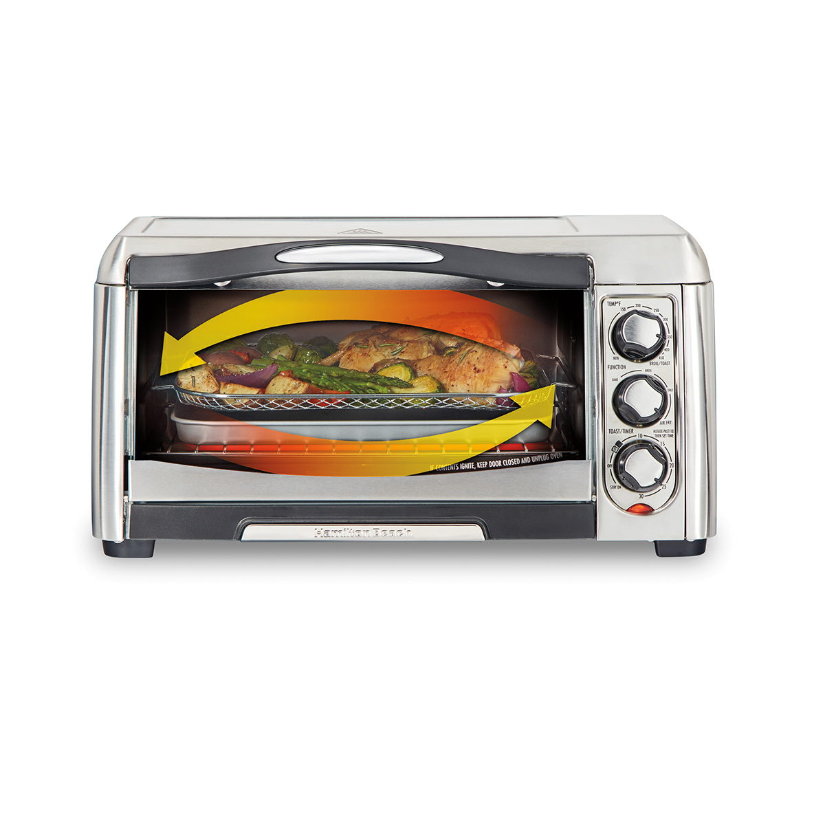 Hamilton Beach Sure-Crisp Air Fry Toaster Oven model 31323, single-cavity silver-look oven with three manual dials and a basket and pan inside