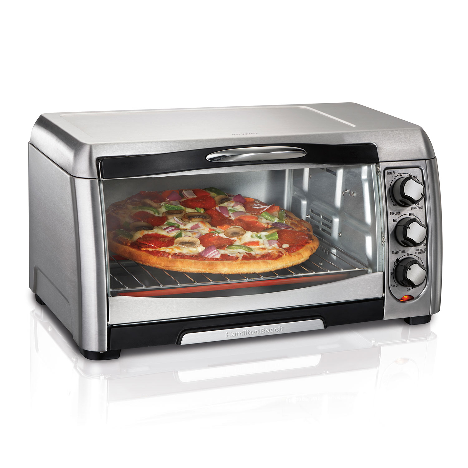 Hamilton Beach 31333D exact page image, silver single-cavity oven with curved glass door and three right-side dials; pictured food is illustrative